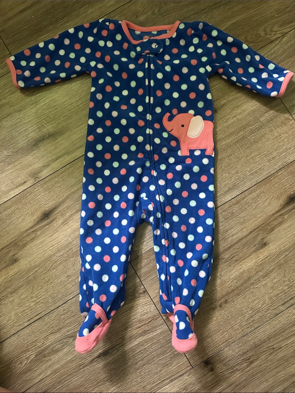 Baby Fleece One-Piece Sleeper in Navy Polka Dot with Coral Elephant